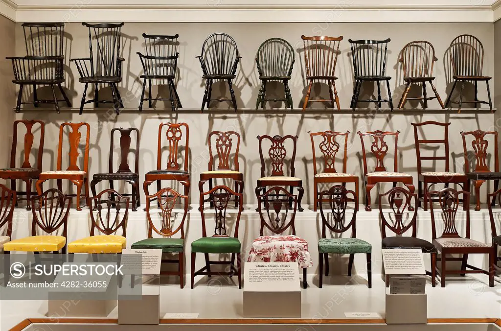 USA, Delaware, Wilmington. Antique chairs at Winterthur Museum in Delaware.