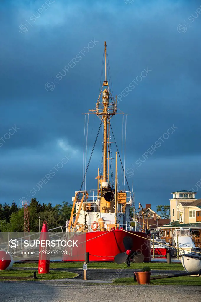 USA, Delaware, Lewes. The Lightship Overfalls moored in Lewes.