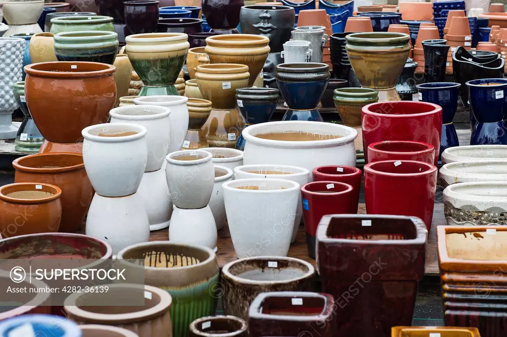 USA, Delaware, Rehoboth. A selection of ceramic pots at a garden centre.