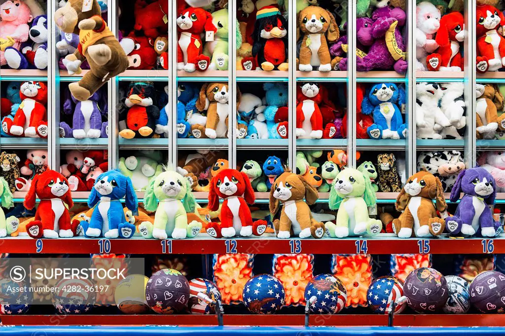 USA, New Jersey, Atlantic City. Stuffed toy prizes at a carnival booth game in Atlantic City.