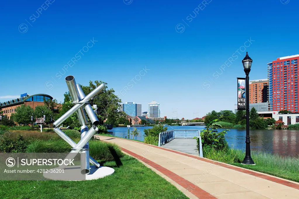 USA, Delaware, Wilmington. A sculpture by the river in Wilmington.