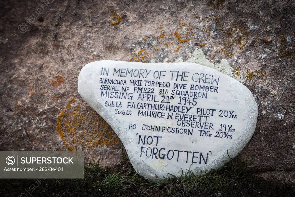 Scotland, Highland, Tarbat Ness. Remembrance stone for RAF missing airmen near Tarbat Ness.
