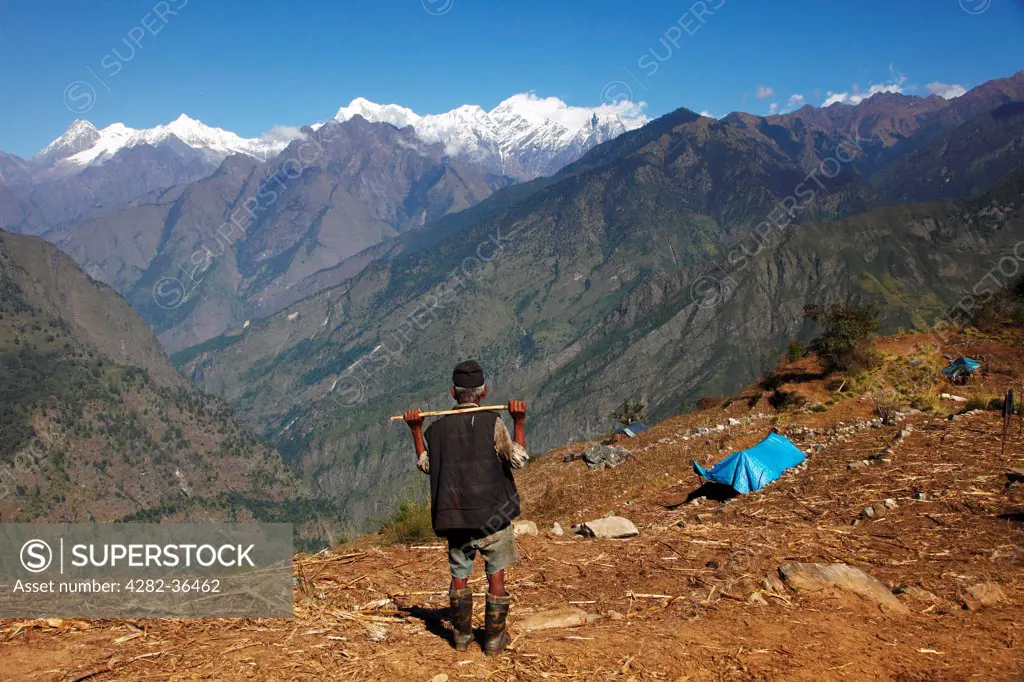 Nepal, Gorkha , Khorlak. A view over Ganesh Himal and the Himalayas.