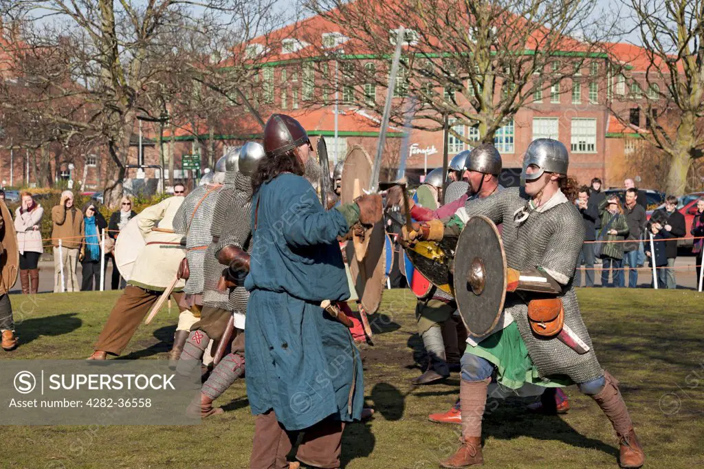 England, North Yorkshire, York. A skirmish reenactment between Vikings and Anglo Saxons at the Viking Festival.