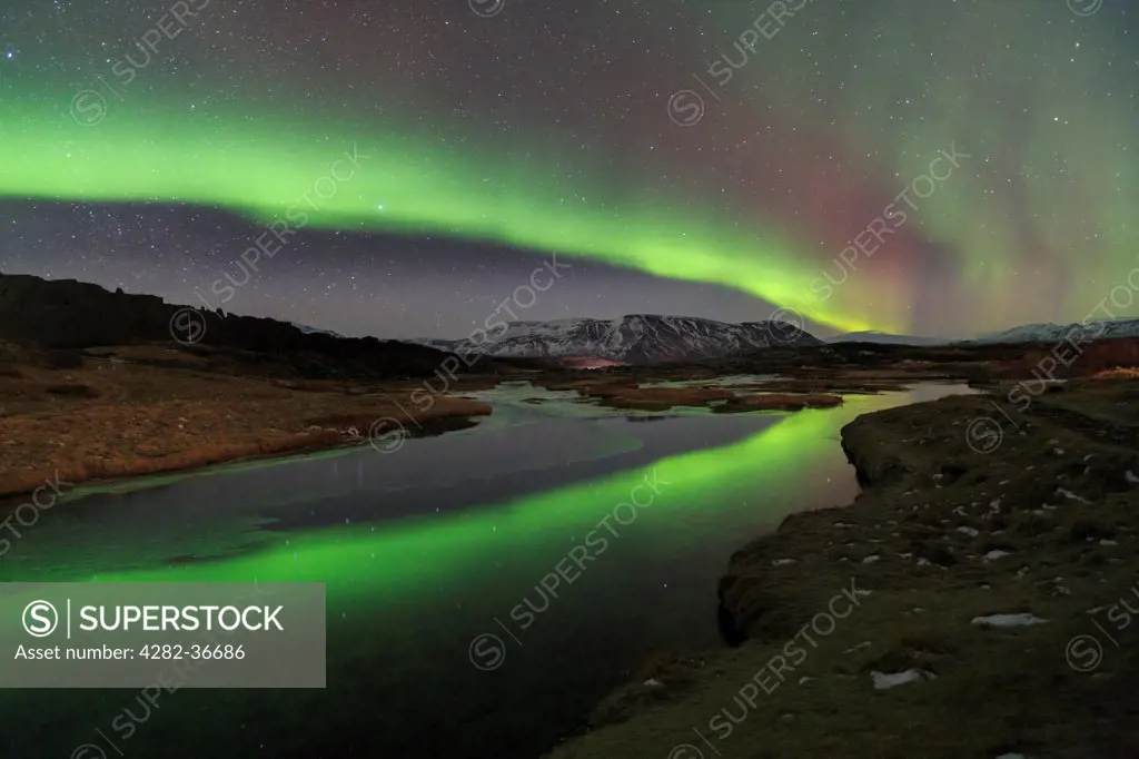 Iceland, Arnessysla, Thingvellir. Aurora borealis over Lake Thingvallavatn in Thingvellir National Park in Iceland.