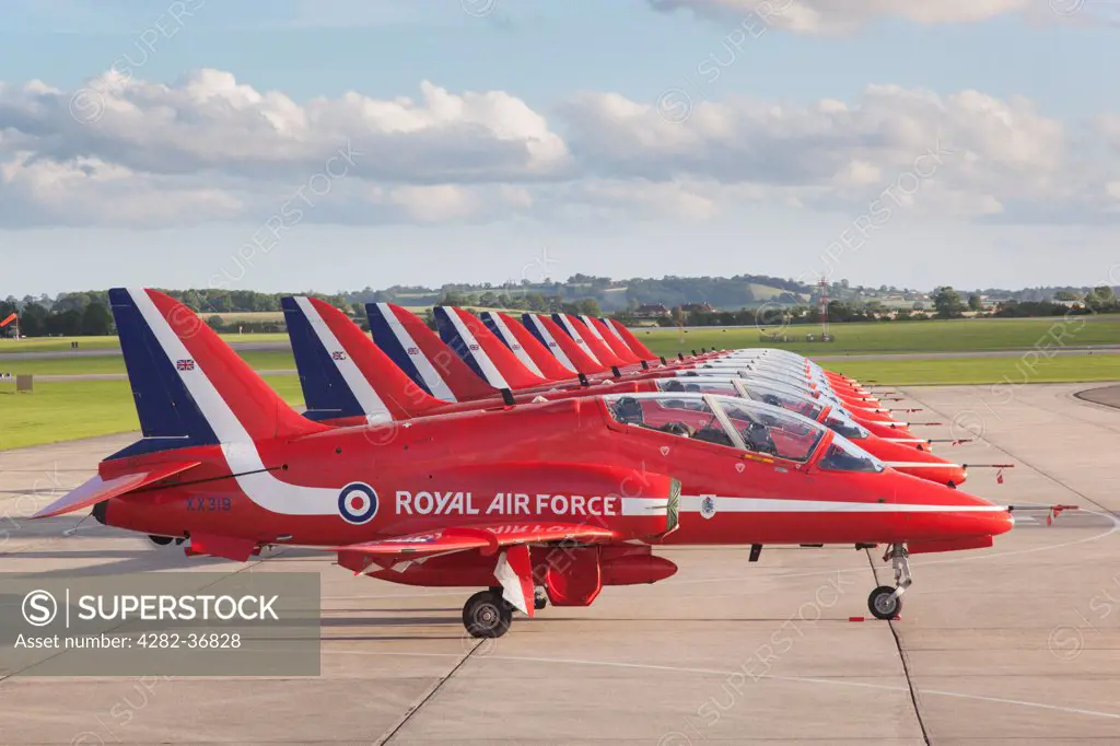 England, Somerset, Yeovilton. RAF Red Arrow Hawks at RNAS Yeovilton Airday 2012.