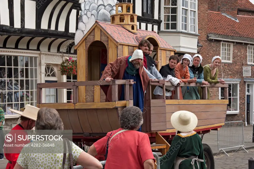 England, North Yorkshire, York. Noah and the Ark at the Mystery Plays wagon performance.