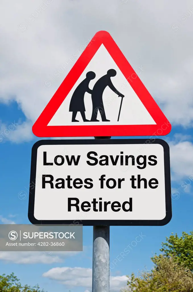 England, North Yorkshire, York. Low savings rates for the retired warning sign.