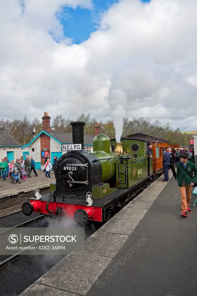 England, North Yorkshire, Grosmont. Steam Locomotive 69023 Joem at Grosmont Railway Station.