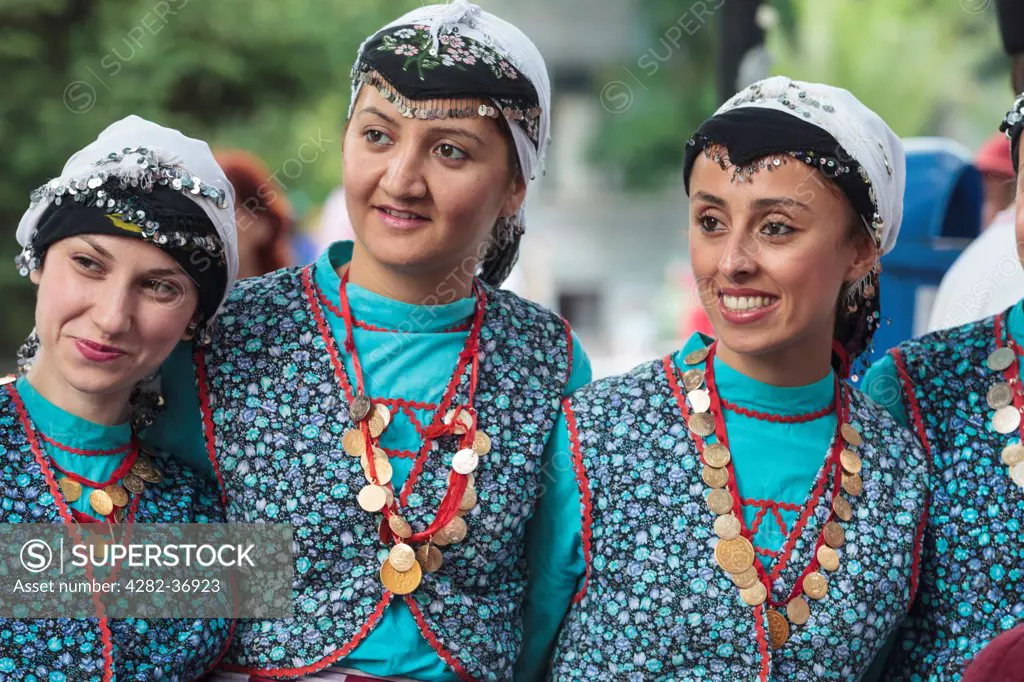 Bulgaria, Varna, Varna Folklore Festival. Three Turkish dancers in national costumes posing during the Varna Folklore Festival.