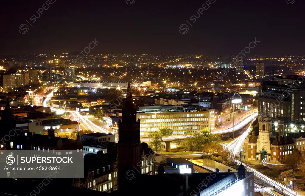 England, West Midlands, Birmingham. A cityscape of Birmingham at night.