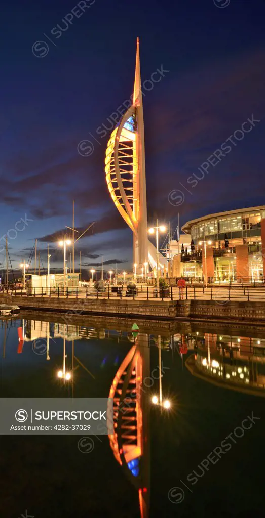 England, Hampshire, Portsmouth. A twilight view of Spinnaker Tower in Portsmouth.