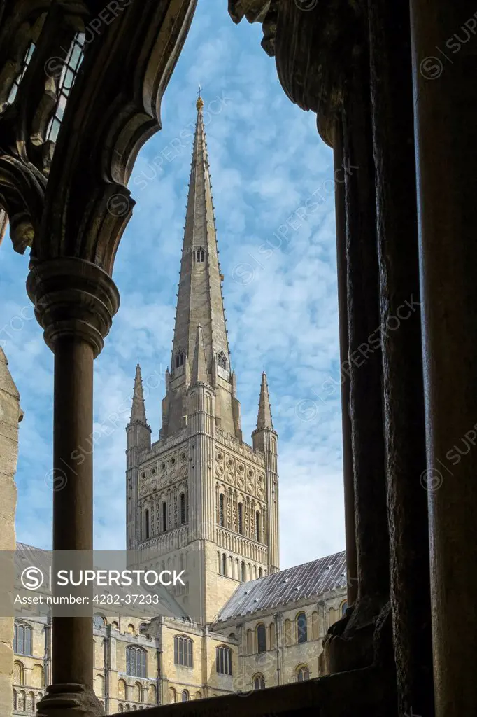 England, Norfolk, Norwich. The tower of Norwich Cathedral seen through one of the cloister arches.