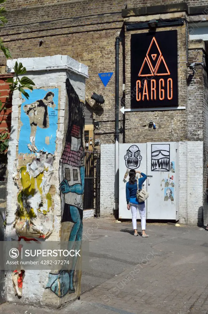 England, London, Shoreditch. The entrance to Cargo bar and restaurant.