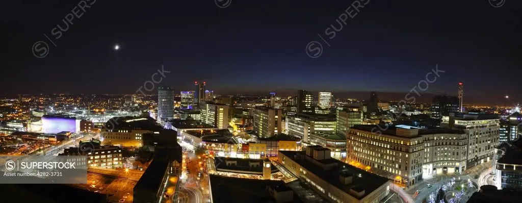 England, West Midlands, Birmingham. Aerial view of Birmingham at night.