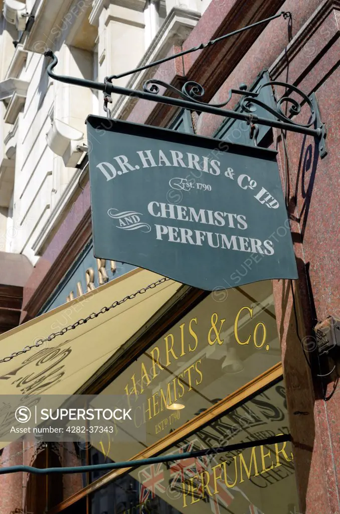 England, London, St James's. Exterior of D. R. Harris and Co. Limited traditional chemists and perfumers.