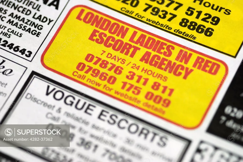 England, London, Islington. Escort adverts in the classified section of a local newspaper.