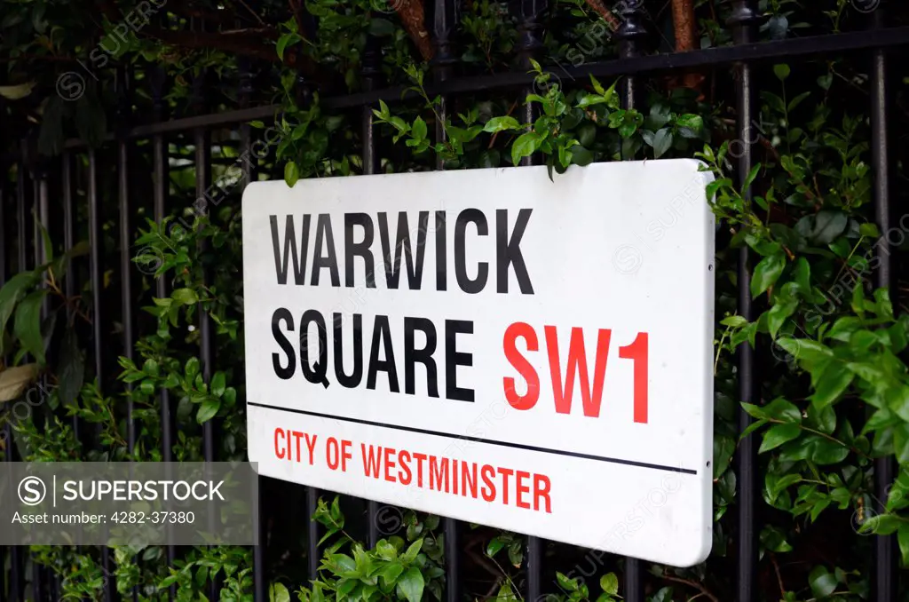 England, London, Pimlico. Warwick Square SW1 street sign.