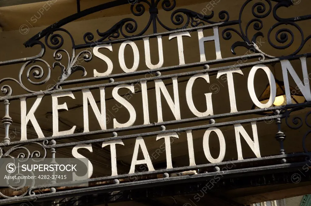 England, London, South Kensington. South Kensington underground station wrought iron sign.