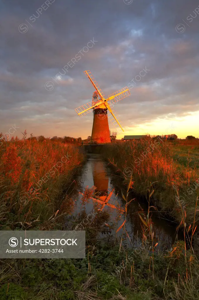 England, Norfolk, St. Benets Windmill. St Benets Windmill at last light on the Norfolk Broads.