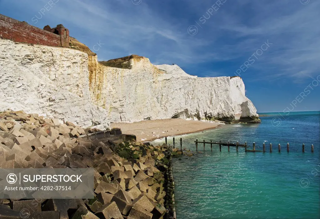 England, East Sussex, Seaford. View of sea defences and breakwater at Seaford.