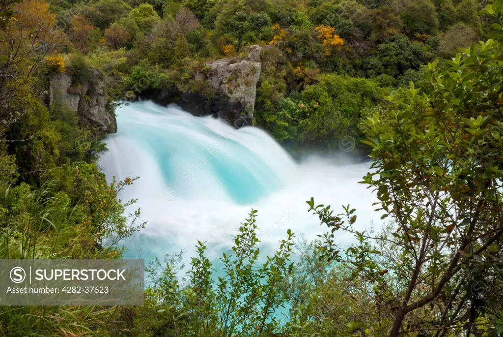 New Zealand, Waikato, Taupo. The Huka Falls are a set of waterfalls on the Waikato River that drains Lake Taupo.