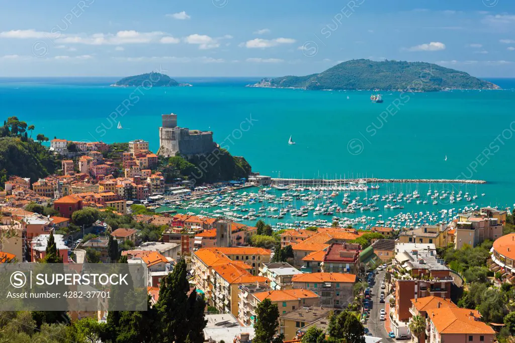 Italy, Liguria, Lerici. A view over Lerici and the Gulf of La Spezia with Palmaria Island in the background.