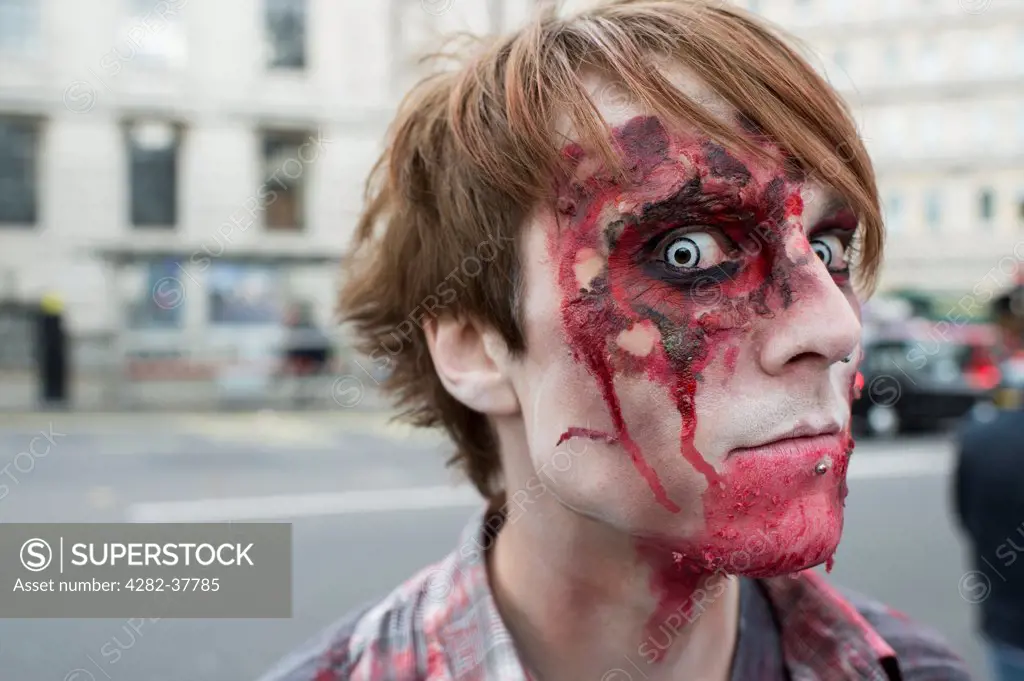 England, London, Covent Garden. A young male dressed up for a Zombie Walk in central London.