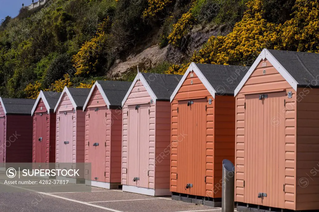 England, Dorset, Bournemouth. Colourful beach huts on Bournemouth beachfront.