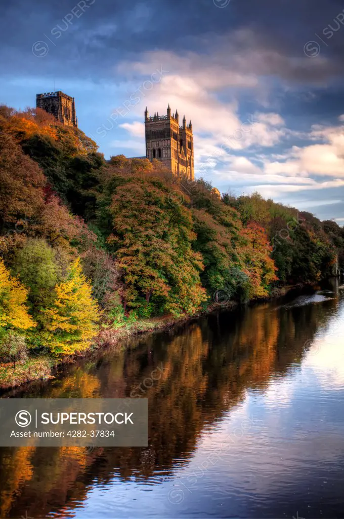 England, County Durham, Durham. A view of Durham Cathedral and the River Wear.
