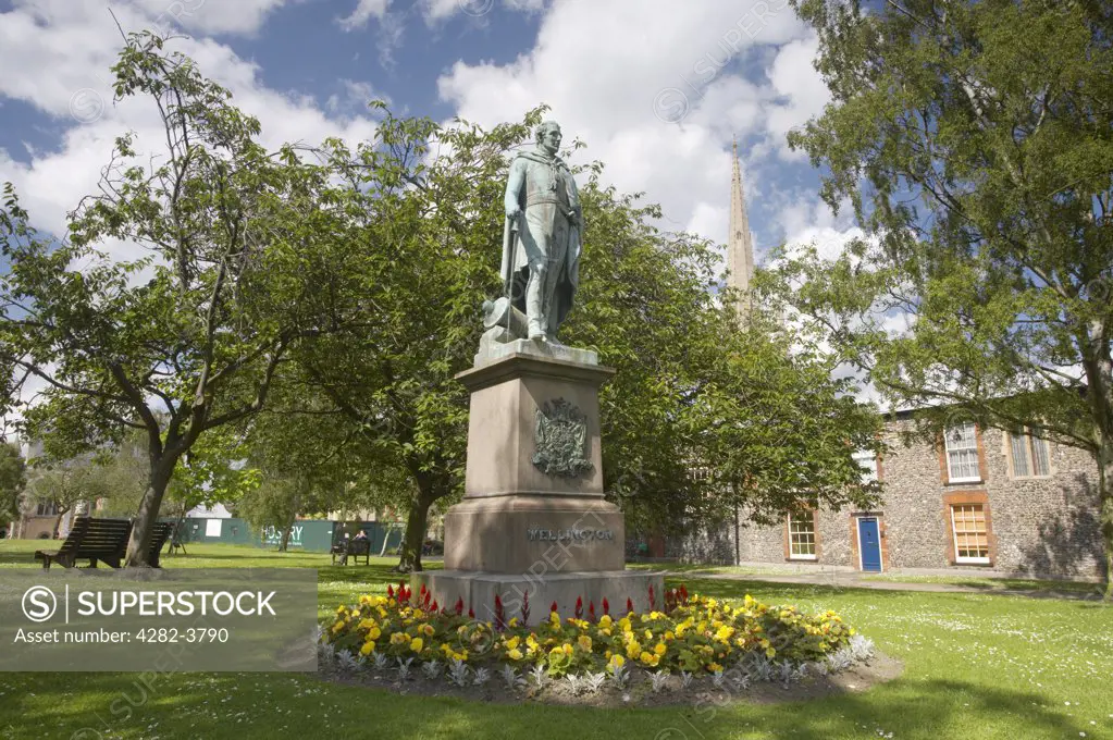 England, Norfolk, Norwich. A statue of the Duke of Wellington in the grounds of Norwich Cathedral.