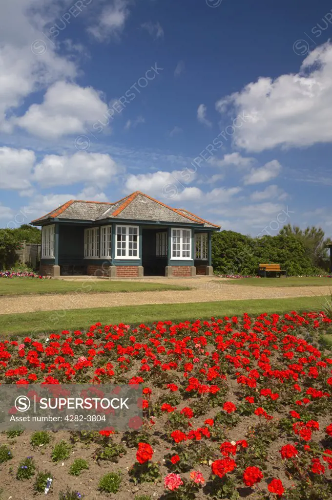 England, Norfolk, Mundesley. A promenade shelter at Mundesley in Norfolk.