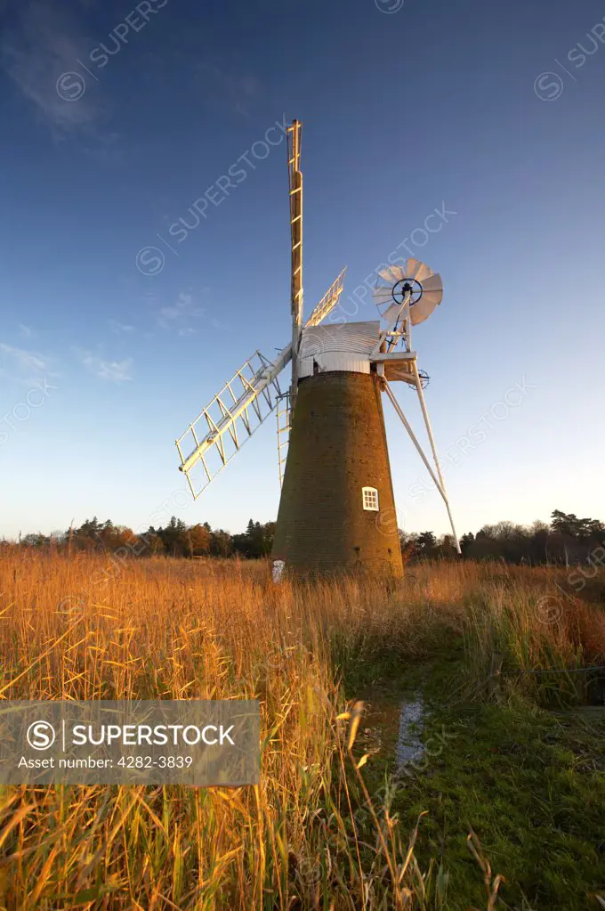 England, Norfolk, Turf Fen Windmill. Turf Fen drainage mill on a Winter morning.