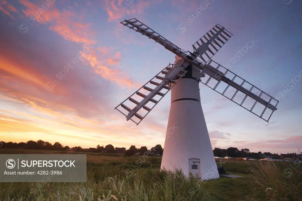 England, Norfolk, Thurne. Thurne windmill at sunrise on the Norfolk Broads.