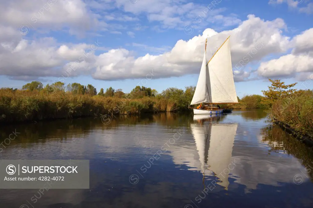England, Norfolk, Norfolk Broads. A traditional sailing boat on the Norfolk Broads.