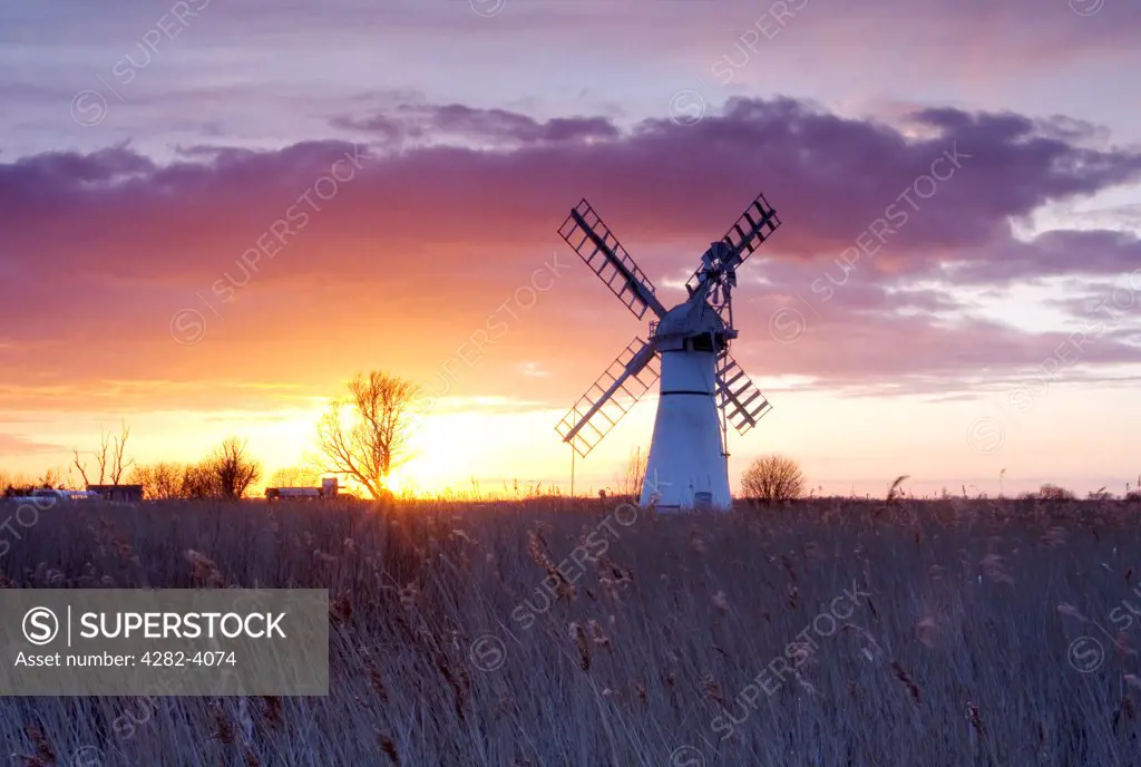 England, Norfolk, Thurne. Thurne Mill at sunset on the Norfolk Broads.
