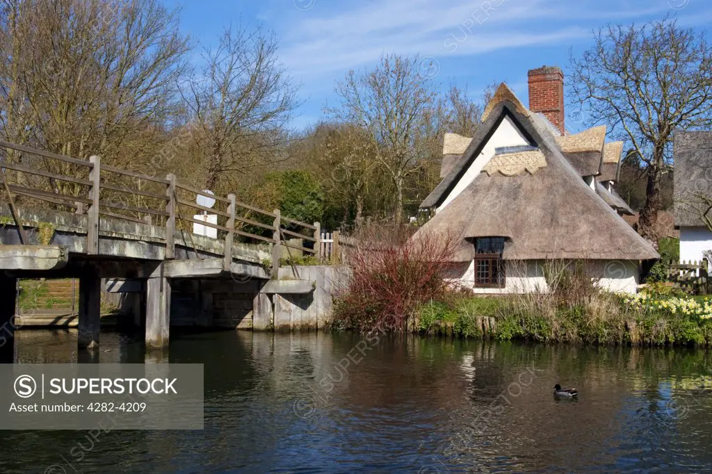 England, Suffolk, Flatford. A wooden bridge over the River Stour leading to the 16th century Bridge Cottage, home to an exhibition on the artist, John Constable.