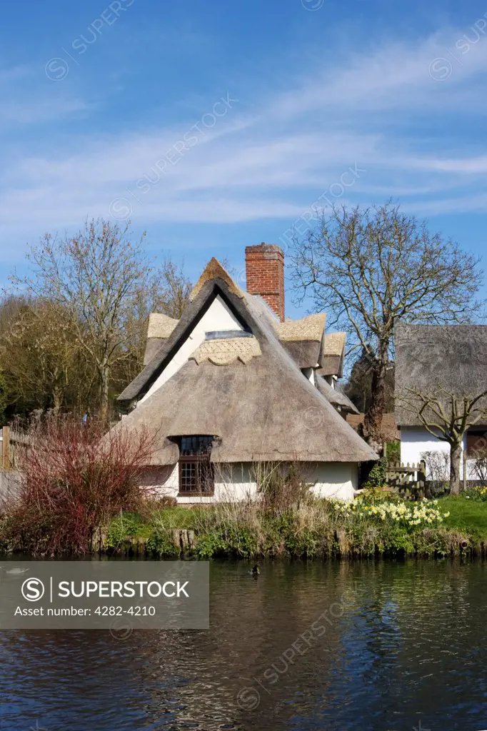 England, Suffolk, Flatford. Bridge Cottage by the River Stour. The 16th century thatched cottage is home to an exhibition on the artist, John Constable.