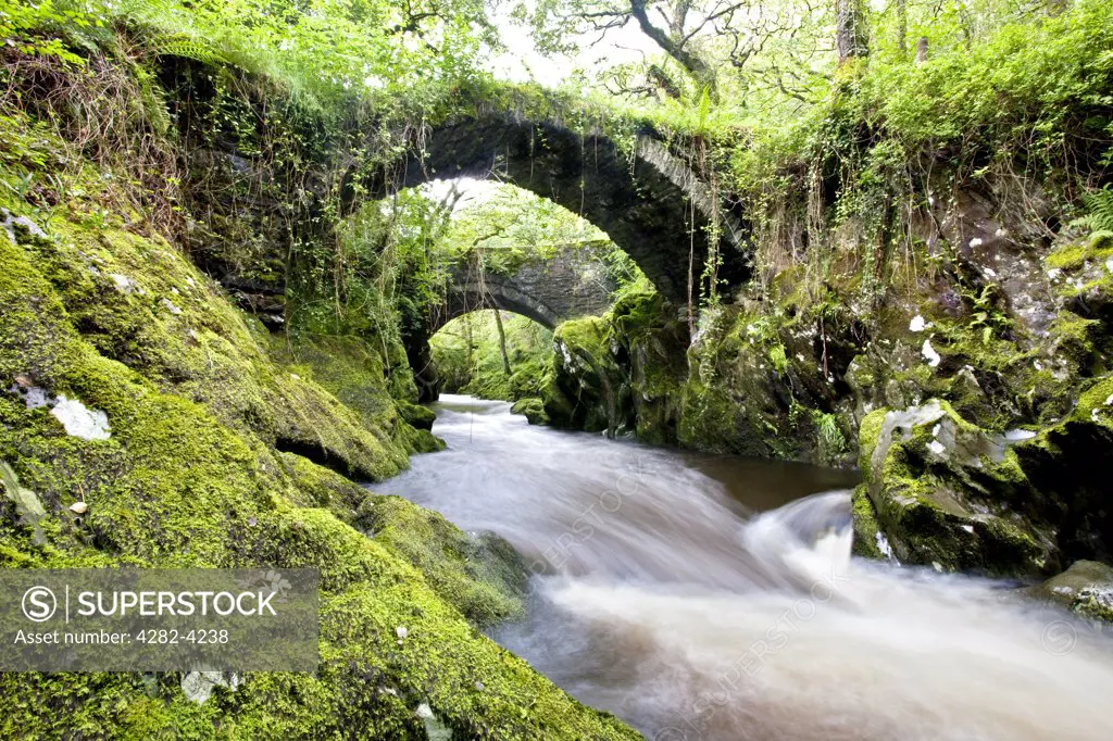 Wales, Conwy, Penmachno. The Roman bridge over the River Machno at Penmachno near Betws-y-Coed in Snowdonia National Park.