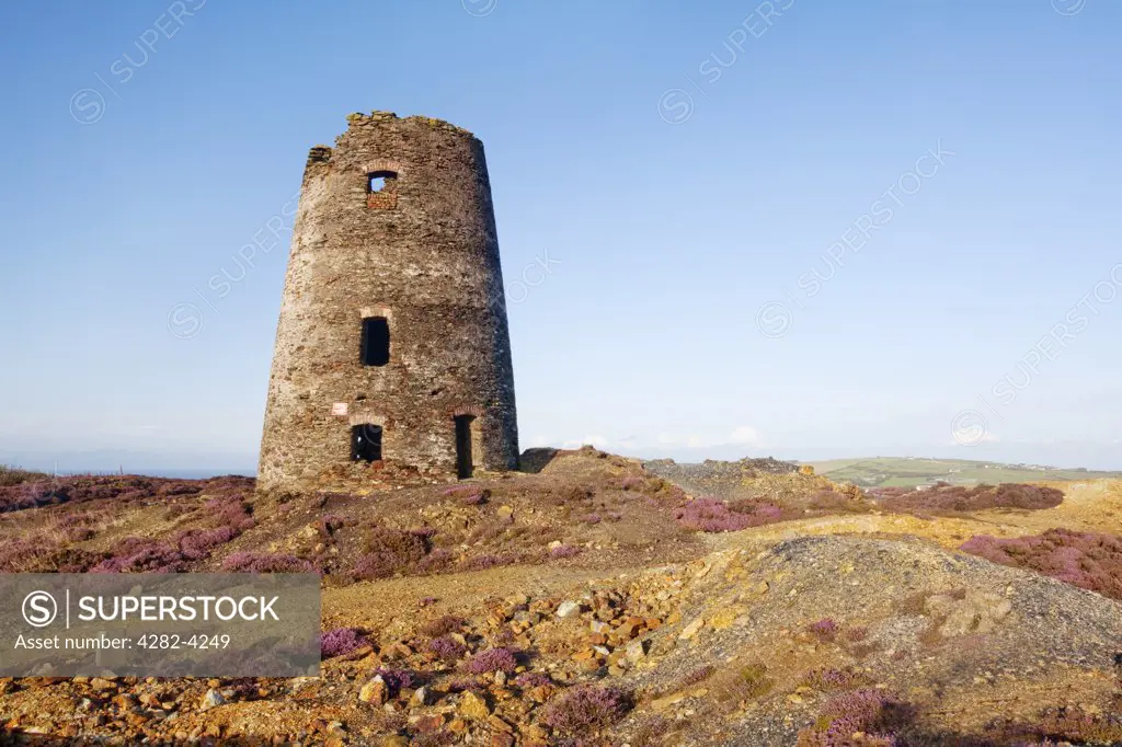 Wales, Isle of Anglesey, near Amlwch. The remains of a mill from the Parys Mountain Amlwch Copper Mine on the Isle of Anglesey. The former copper mine, once the largest copper mine in the world, is now a public nature reserve.