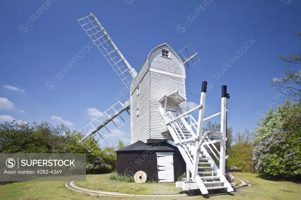 England, Suffolk, Holton. Holton Post Mill, an 18th century Grade II listed post mill that has been restored as a landmark in the village of Holton St Peter.