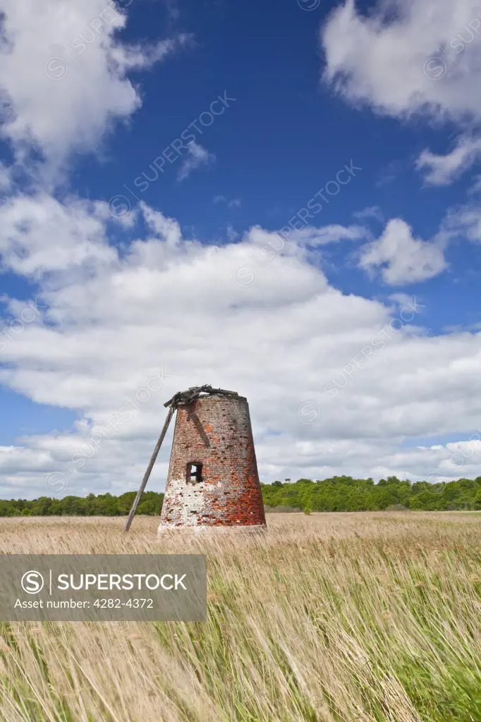 England, Suffolk, Walberswick. The derelict remains of Westwood Marshes Mill, a Grade II listed tower mill on the Suffolk Coast. The mill is one of only 2 remaining drainage mills on the east Suffolk marshes.