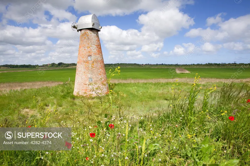 England, Suffolk, Walberswick. Derelict windmill by the River Blyth on the marshes at Walberswick.