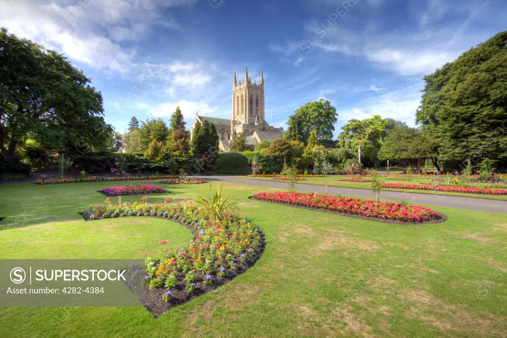 England, Suffolk, Bury St Edmunds. View over the Abbey Gardens to St Edmundsbury Cathedral, built in 1503 as St James' Church becoming a Cathedral in 1914.