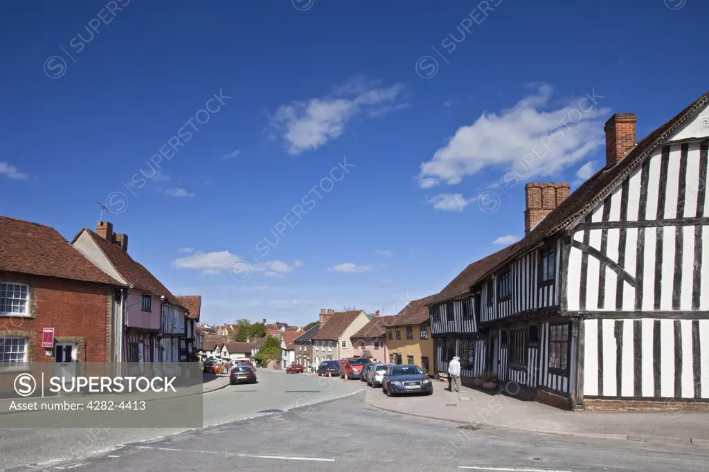 England, Suffolk, Lavenham. Half-timbered medieval buildings in the historic village of Lavenham. Lavenham gained great prosperity in the 15th and 16th centuries from the wool trade and was one of the top 20 wealthiest settlements in England during this period.