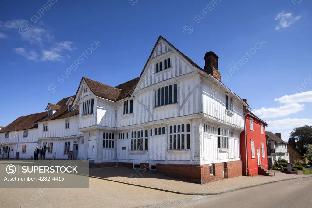 England, Suffolk, Lavenham. The Guildhall of Corpus Christi, a timber framed building which now houses a local history museum, with exhibitions on the medieval cloth industry.