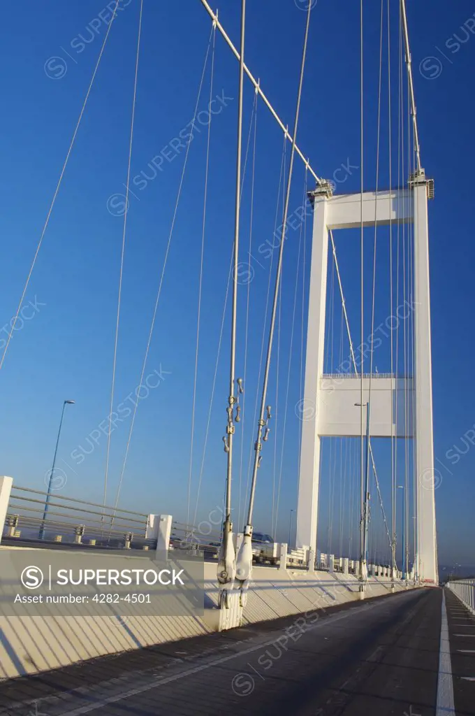 England, Gloucestershire, Aust. A view of the Severn Bridge. The Bridge was opened in 1966 to replace the ferry service crossing from Aust to Beachley and to directly ink the M4 motorway into Wales.