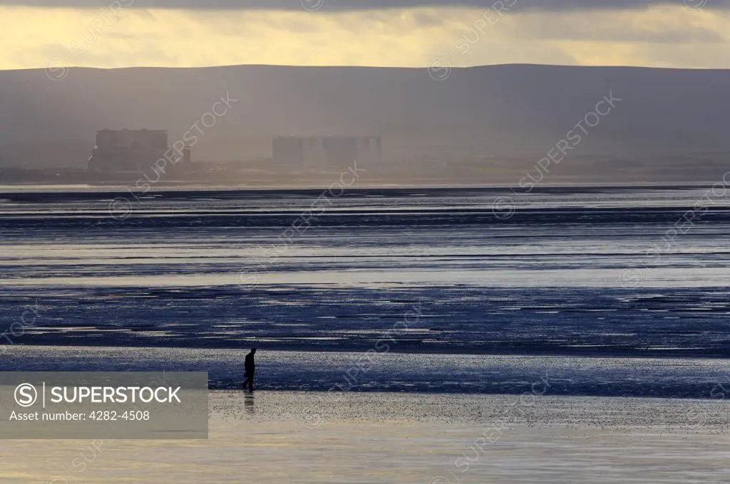 England, Somerset, Berrow. A view of a lone walker from Berrow Flats. The bones of a long dead ship stick out of the sands as a stark reminder of a savage gale in March 1897.