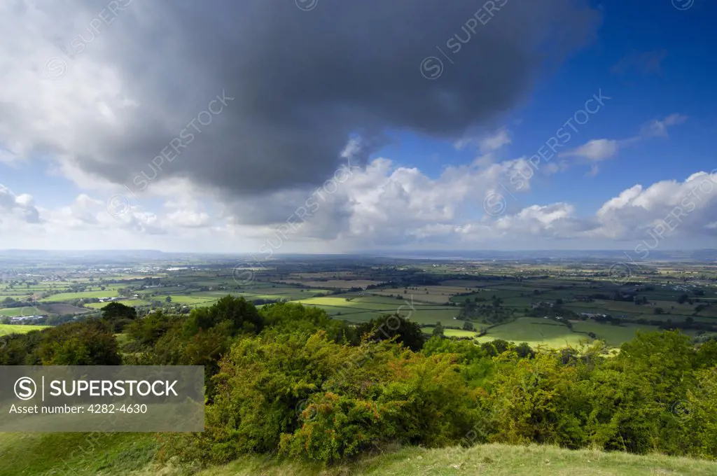 England, Gloucestershire, Haresfield. View of the Severn Valley taken from Haresfield Beacon in the Cotswold Hills. The hills are Britain's largest A.O.N.B and one of its most popular walking areas.
