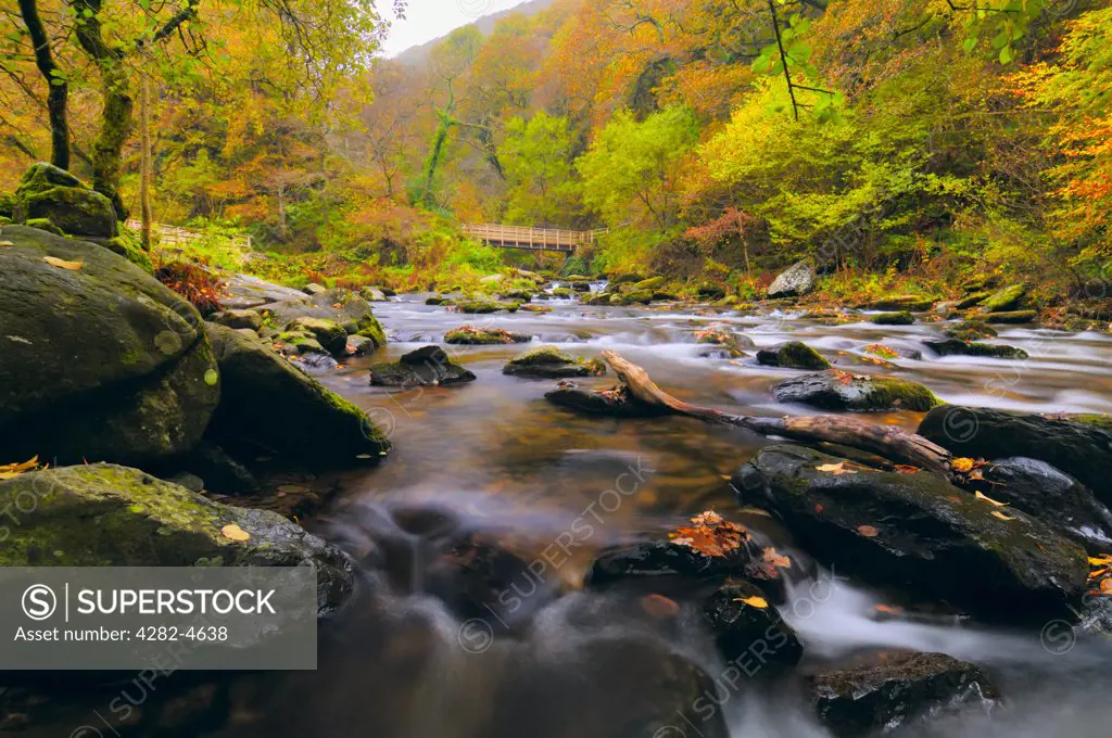 England, Devon, Lynmouth. Autumn at East Lyn River at Watersmeet in Exmoor. The River East Lyn is one of two channels which run from northern Exmoor into the Bristol Channel at Lynmouth.
